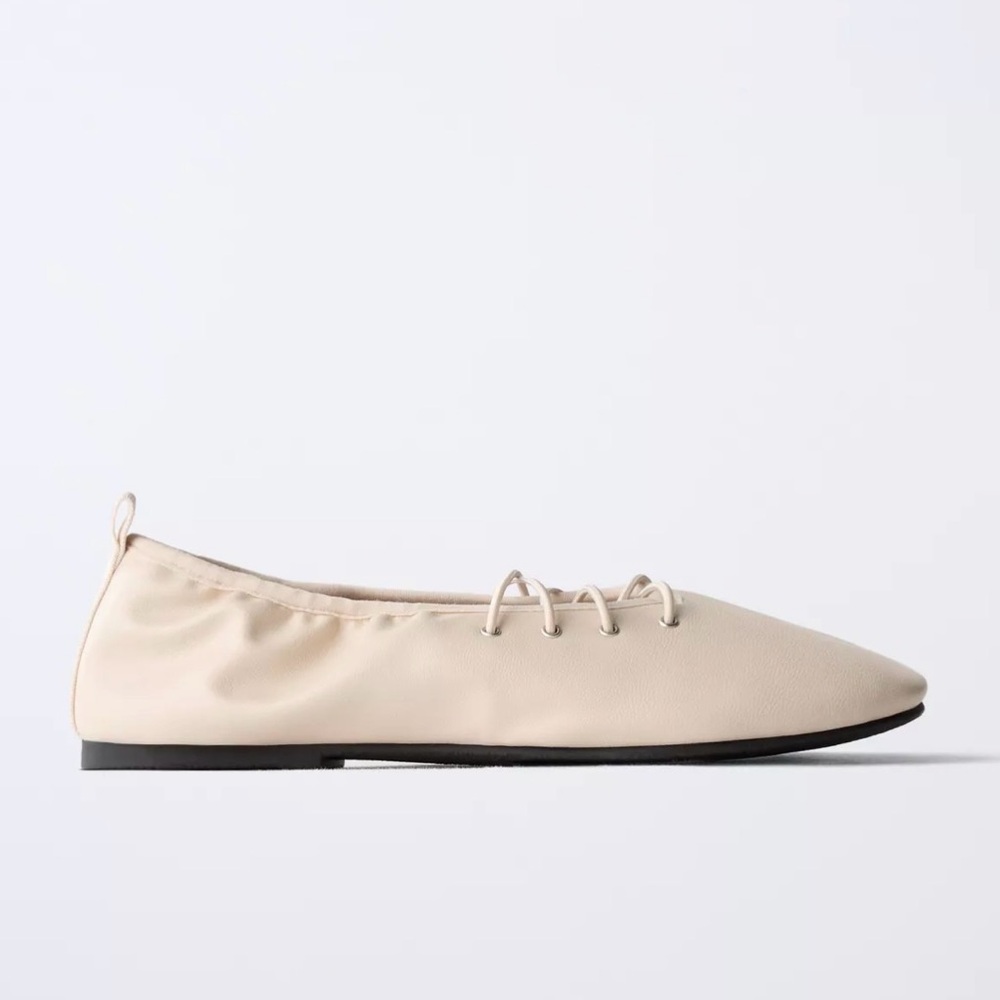 Zara Kids Lace-Up Ballet Flats | Off White | Size 3.5 | New + Dust Bag